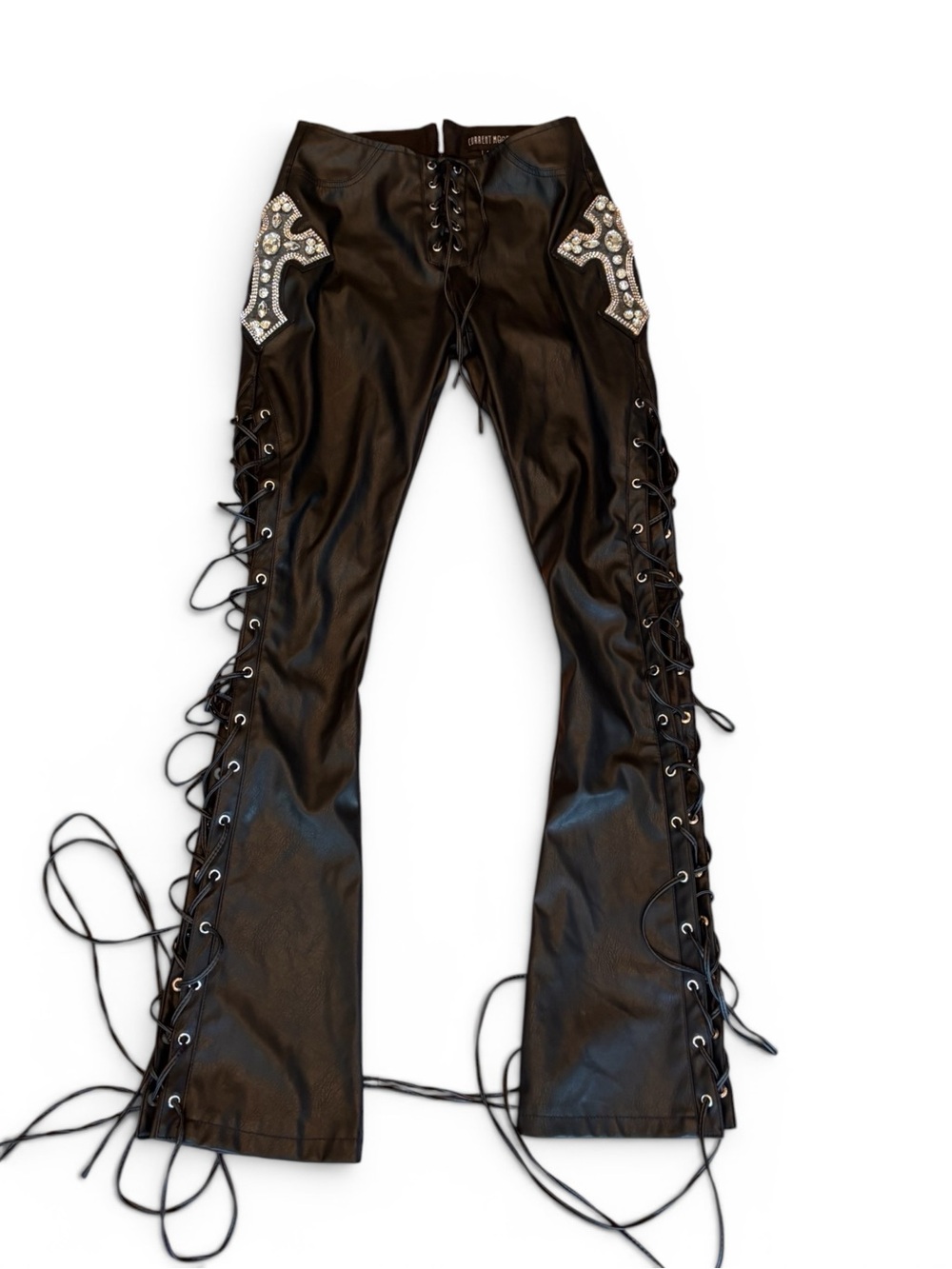 Current Mood Ring In The Bling Pants S NWT Black Faux Leather Lace Up  Goth - Picture 2 of 4